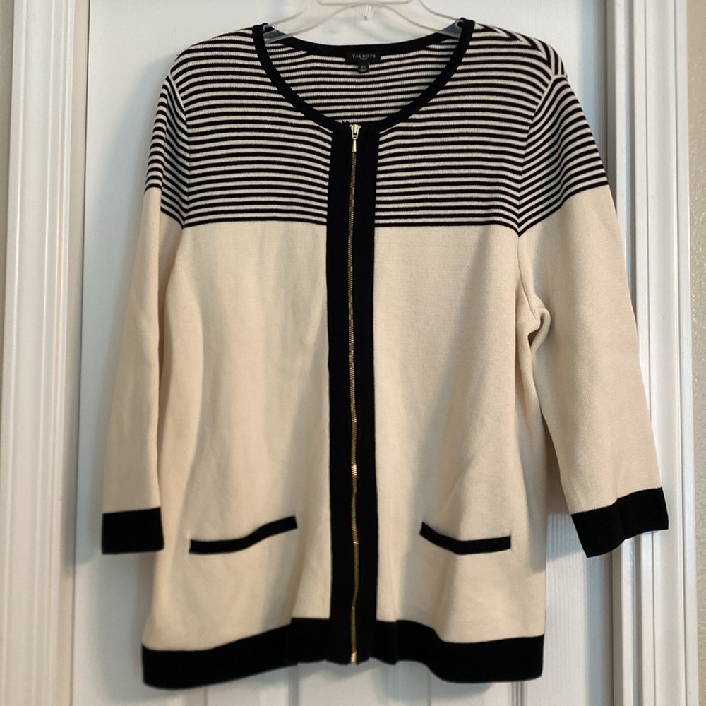 2X Talbots Black and Cream Cardigan with Classic Crew Neck zip front
